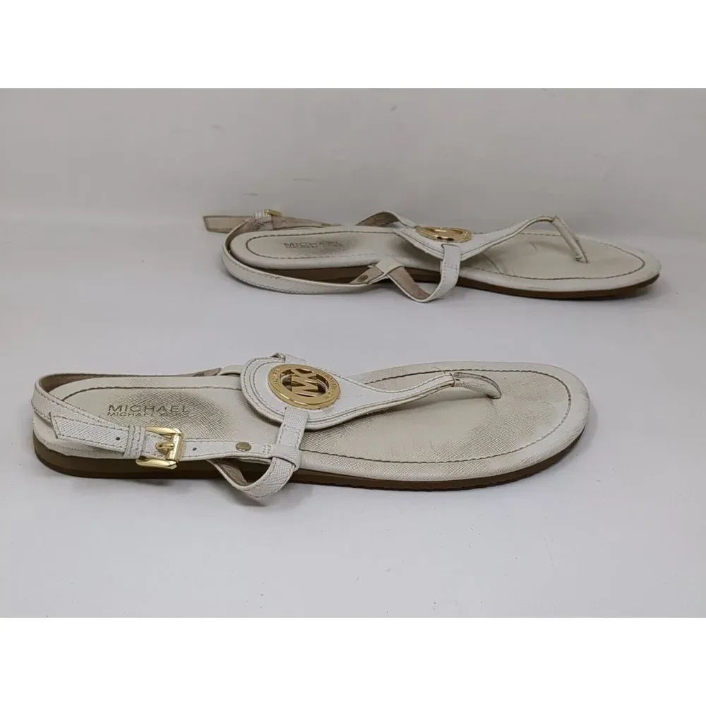 Michael‎ Kors Thong Sandals Leather Flat Big MK Logo Leather White Women's 7.5 M